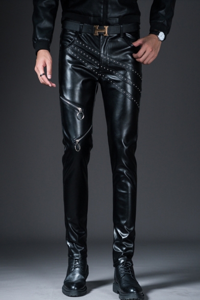 Men's New Fashion Simple Plain Rivet Zipper Embellished Black PU Leather Pants