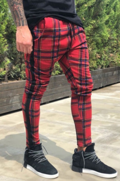 Men's New Stylish Plaid Pattern Drawstring Waist Stretched Slim Fit Casual Pencil Pants