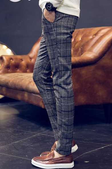 Men's New Stylish Plaid Pattern Slim Fitted Casual Dress Pants