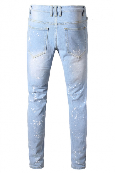 Men's New Stylish Splashing Ink Printed Frayed Ripped Jeans