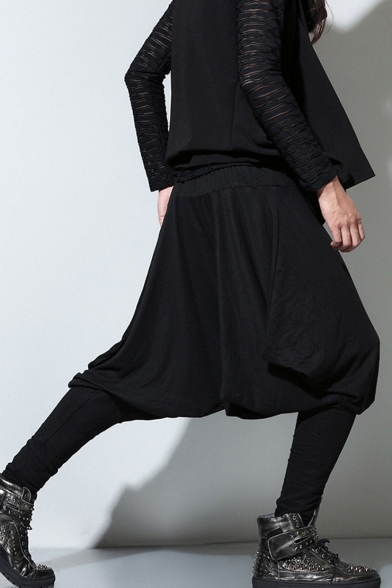 Men's Popular Fashion Drop-Crotch Simple Plain Black Loose Casual Harem Pants