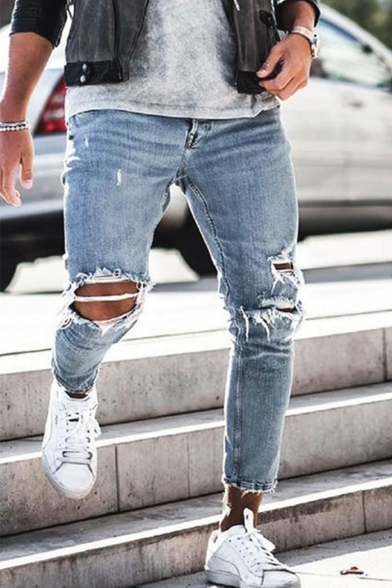 Men S Popular Fashion Plain Washed Knee Cut Slim Fit Frayed Ripped Light Blue Jeans Beautifulhalo Com