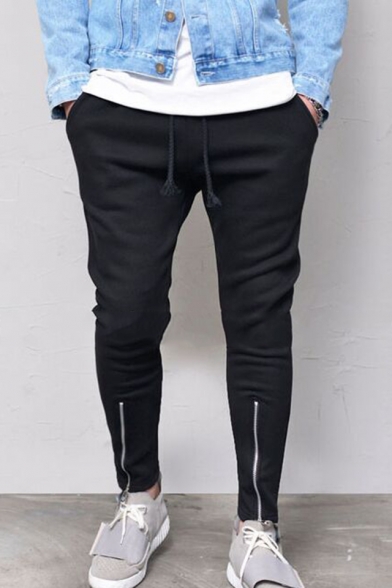 Men's Simple Fashion Solid Color Zippered Vent Black Slim Jogging Pants Sports Pencil Pants