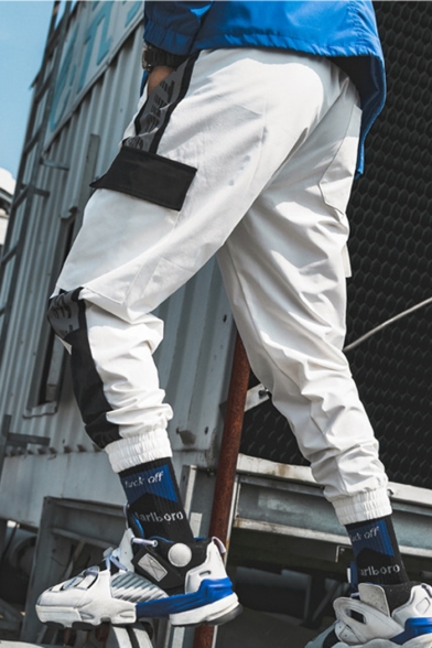 Men's Street Style Trendy Colorblock Tape Side Elastic Cuff Casual Sports Cargo Pants