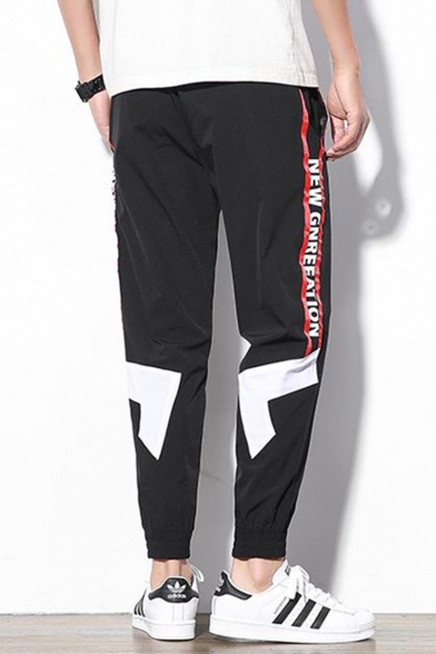 Men's Stylish Letter Printed Tape Patched Drawstring Waist Elastic Cuffs Casual Cotton Tapered Pants