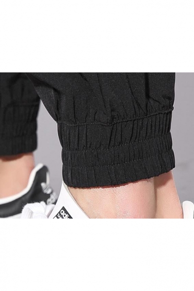 Men's Stylish Letter Printed Tape Patched Drawstring Waist Elastic Cuffs Casual Cotton Tapered Pants