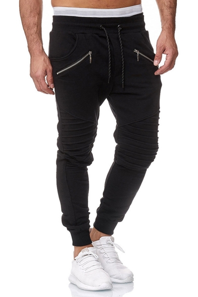 Men's Stylish Solid Color Double Zipper Embellished Knee Pleated Detail Black Sports Pencil Pants