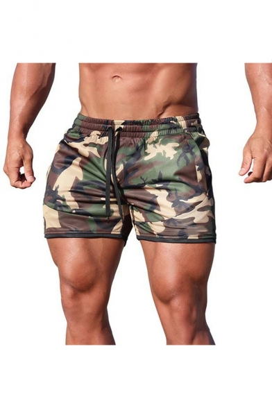 Men's Summer Fashion Cool Camouflage Printed Drawstring Waist Mesh Cloth Training Shorts