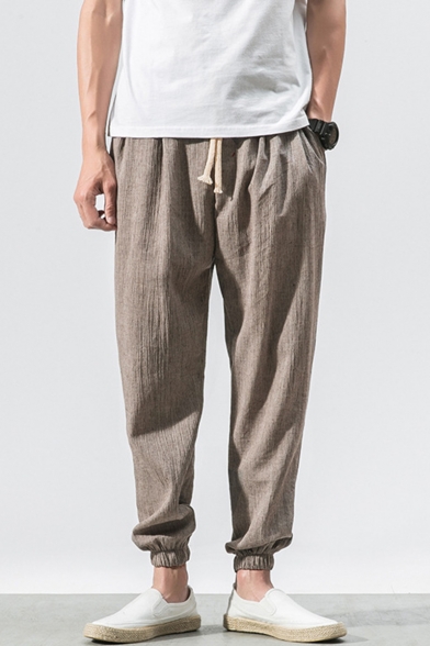 Men Casual Loose Cotton Linen Pants Drawstring Pockets Solid Breathable Summer Sportswear Sweatpants Slacks Daorokanduhp