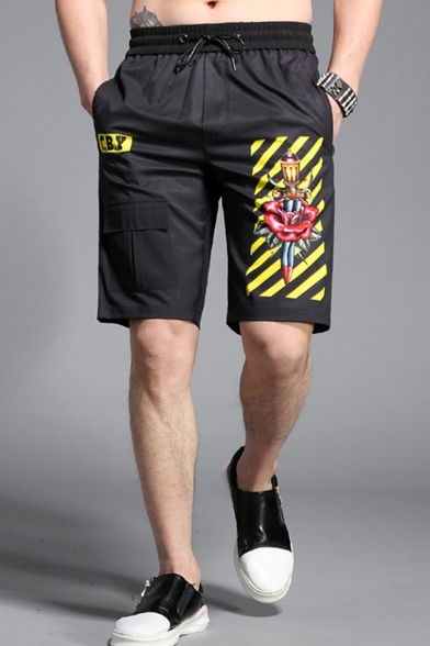 Men's Summer New Fashion Diagonal Stripes Floral Printed Flap Pocket Drawstring Waist Black Casual Shorts
