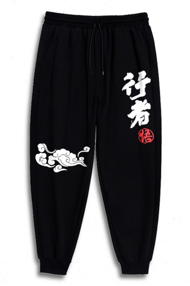 Men's Trendy Chinese Letter Cloud Printed Loose Fit Casual Sports Sweatpants