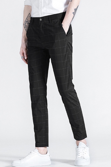 Men's Trendy Plaid Pattern Slim Fitted Straight-Leg Casual Dress Pants