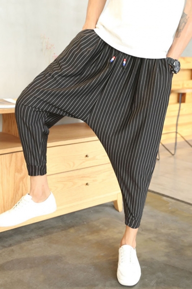 Men's Trendy Stripe Printed Drop-Crotch Drawstring Waist Cropped Harem Pants