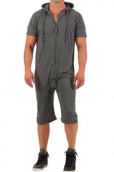 Mens Hot Popular Simple Plain Drawstring Hooded Short Sleeve Lounge Home Wear Rompers Jumpsuits
