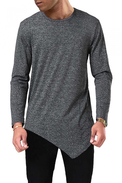Mens Simple Plain Round Neck Long Sleeve Asymmetrical T-Shirt