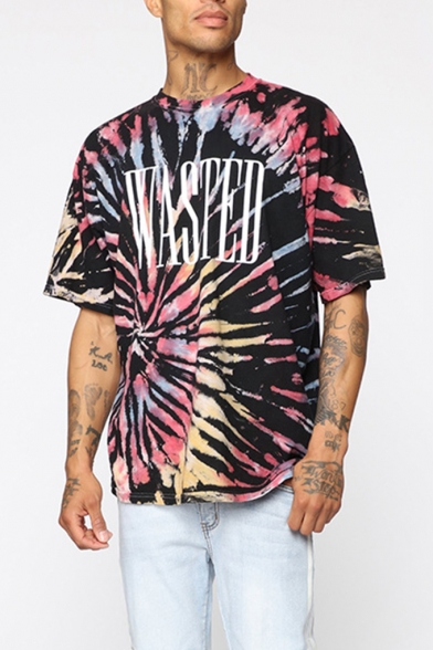 Mens Summer Cool Simple Letter WASTED Tie Dye Graffiti Short Sleeve Round Neck Loose Tee