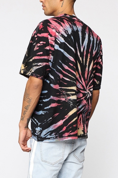 Mens Summer Cool Simple Letter WASTED Tie Dye Graffiti Short Sleeve Round Neck Loose Tee