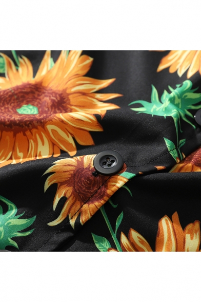 Mens Summer Holiday Allover Sunflower Printed Lapel Collar Short Sleeve Black Beach Hawaiian Shirt