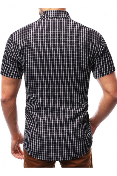 Mens Summer Trendy Gingham Plaid Printed Short Sleeve Slim Fit Casual Shirt
