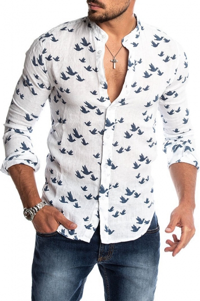 Mens Trendy Allover Bird Print Stand Collar Long Sleeve Button Front White Slim Linen Shirt