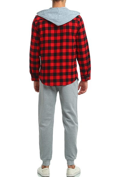 Mens Trendy Check Plaid Printed Long Sleeve Drawstring Hooded Cotton Shirt Jacket Coat
