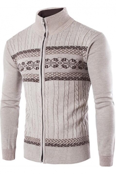 Mens Trendy Solid Color Stand Collar Long Sleeve Zip Up Cable Knit Fitted Cardigan Sweater