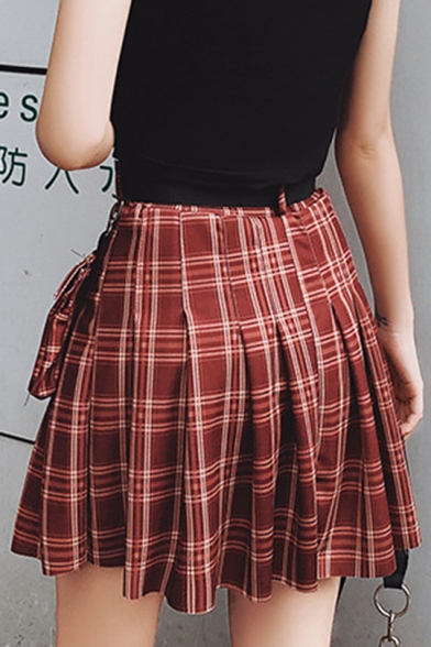 New Arrival Womens Red Check High Waist Ribbon Embellished Mini Pleated A-Line Skirt With Pocket