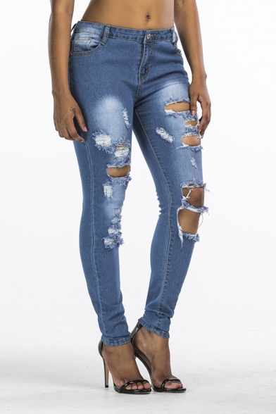 New Fashion Ripped Hole Distressed Blue Skinny Fit Jeans for Women