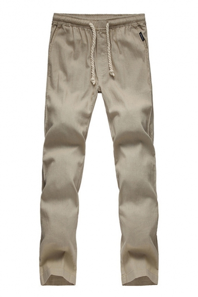 New Fashion Simple Plain Drawstring Waist Casual Linen Pants for Guys