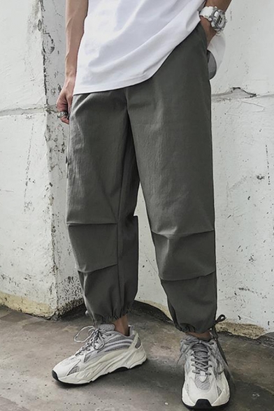 New Stylish Simple Plain Pleated Detail Drawstring Cuffs Men's Casual Loose Sports Tapered Pants