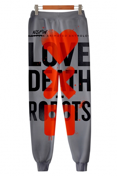 Popular Fashion Letter LOVE DEATH ROBOTS Print Drawstring Waist Grey Cotton Sport Casual Joggers Sweatpants