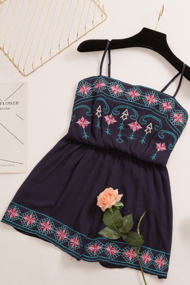 Stylish Folk Style Straps Sleeveless Tribal Print Embroidered Wide Leg High Waist Casual Loose Romper for Women