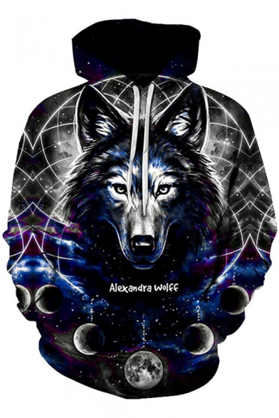 Stylish Moon Galaxy Wolf 3D Print Long Sleeve Sport Loose Grey Hoodie