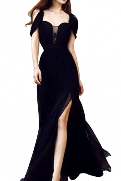 Stylish Womens Black Off Shoulder Split Side Lace Patch Chiffon Evening Maxi Dress