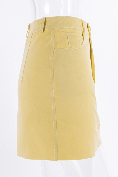 Stylish Yellow Plain High Waist Frayed Hem Mini Bodycon Skirt