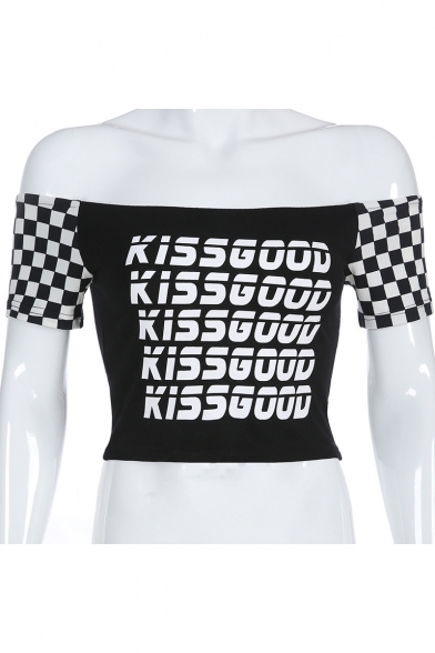 Summer Cool Letter KISSGOOD Black Checkerboard Printed Short Sleeve Off the Shoulder Cropped T-Shirt