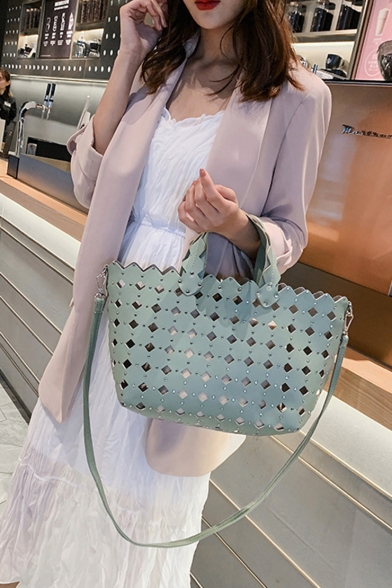 Summer Fashion Plain Geometric Hollowed Rivet Embellishment Beach Bag Shoulder Tote Handbag 28*22*13 CM