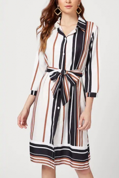 Summer Fashion Vertical Striped Print Long Sleeve Tied Waist Button Down Midi Shirt Dress