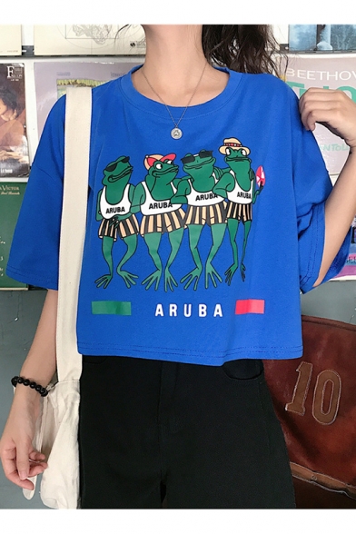 Summer Funny Cartoon ARUBA Frog Pattern Loose Fitted Crop T-Shirt