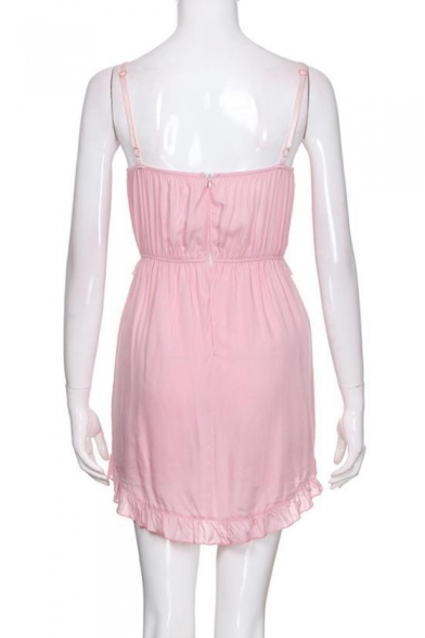 Summer Girls Hot Stylish Pink Spaghetti Straps V Neck Cutout Knotted Front Ruffled Romper