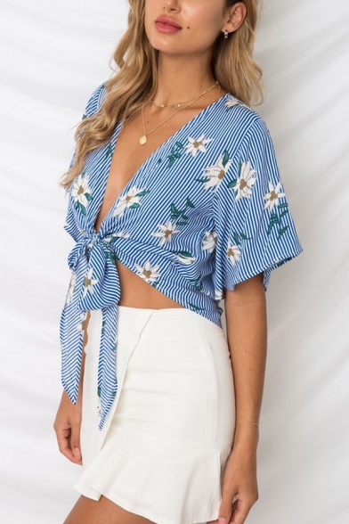 Summer Hot Fashion Blue Floral Striped Print Tied Front Holiday Cropped Blouse Top