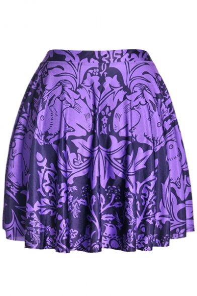 Summer Hot Fashion Elastic Waist Rabbit Floral Print Pleated Mini Purple Skater Skirt for Women