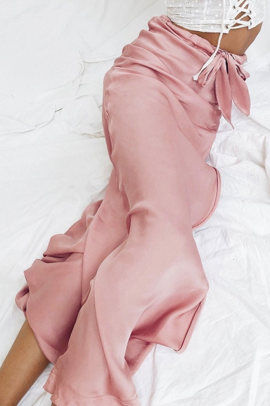 Summer Hot Fashion Pink Sexy Split Side Tie-Waist Silk Maxi-Skirt