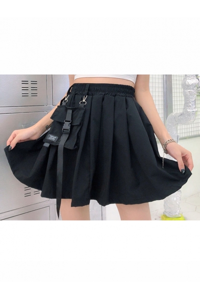 Summer Hot Fashion Plain Elastic Waist Pocket and Ribbon Embellished Pleated A-Line Mini Skirt