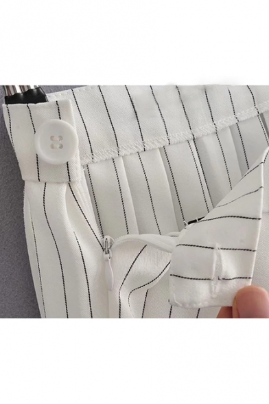 Summer Hot Fashion White High Waist Stripped Print Button Detail Zip-Side Mini Chic Skirt