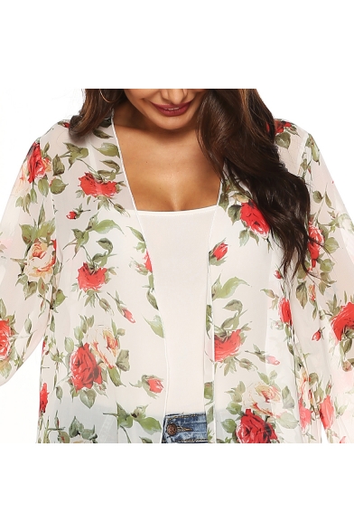 Summer Hot Stylish Fancy Rose Printed Long Sleeve Chiffon Beach Sunscreen Cardigan Tunic Shirt