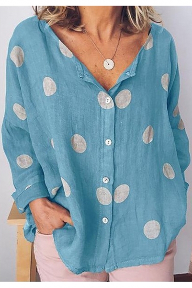 Summer New Trendy Polka Dot Printed Long Sleeve Button Down Casual Loose Blouse Shirt