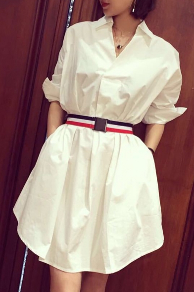 Summer Stylish White V Neck 3/4 Length Sleeve Belt-Waist Mini A-Line Shirt Dress