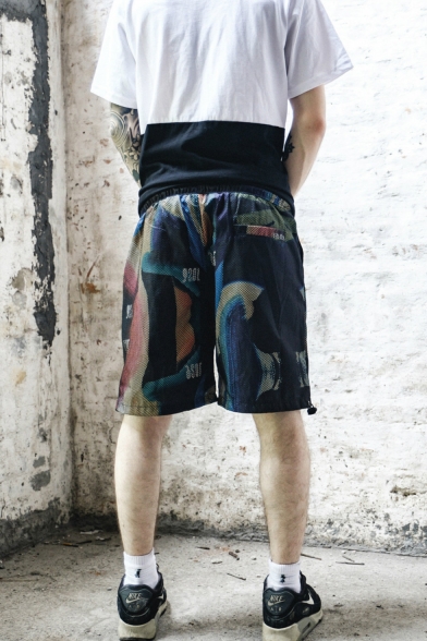 Summer Trendy Printed Drawstring Waist Mesh Quick Drying Men's Casual Athletic Shorts