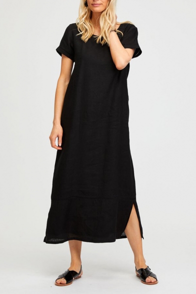Summer Trendy Solid Color Round Neck Short Sleeve Split Side Maxi Casual Loose Linen Dress